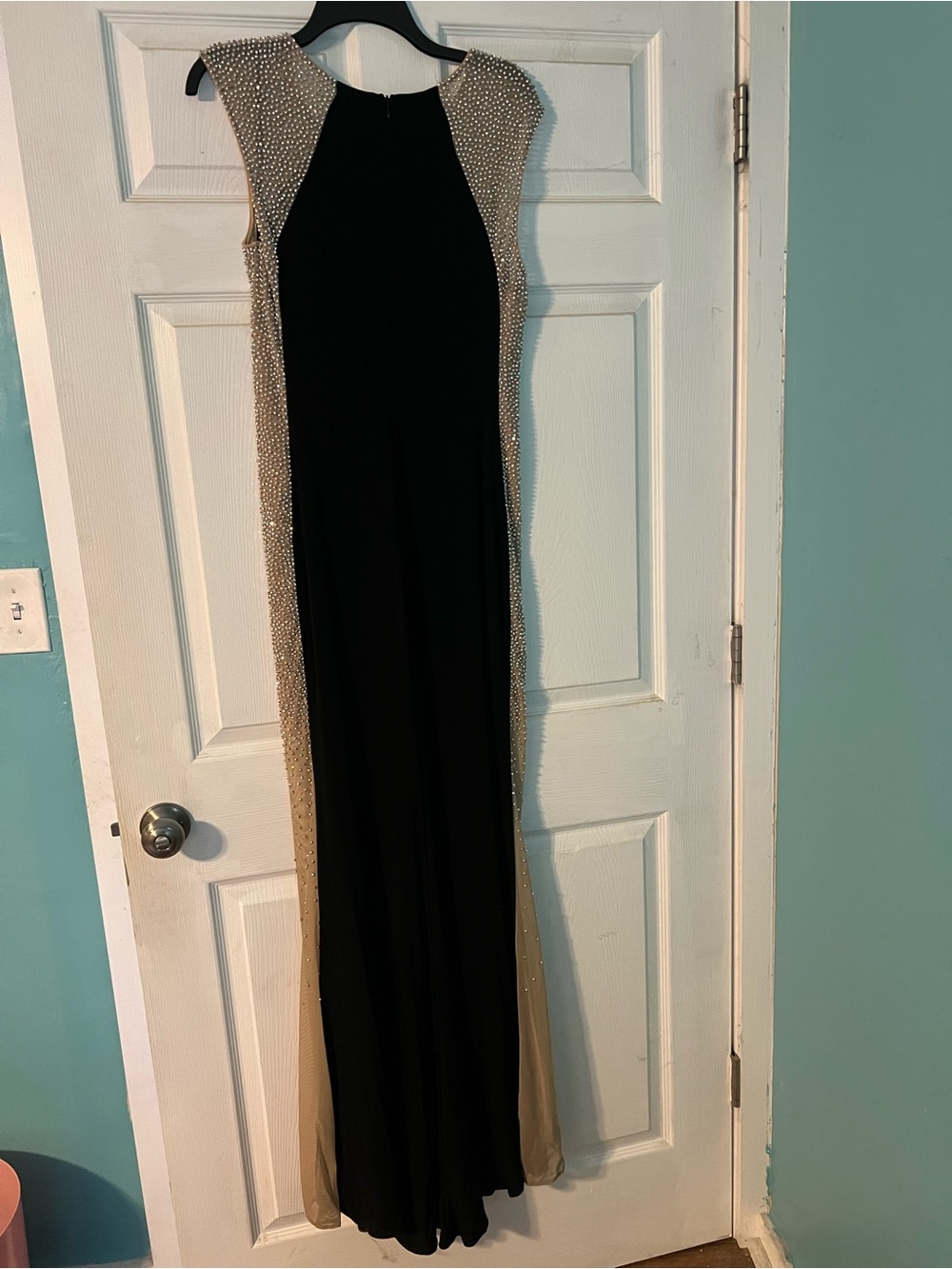 Xscape Black Evening Maxi with Gold Beaded Side Panels